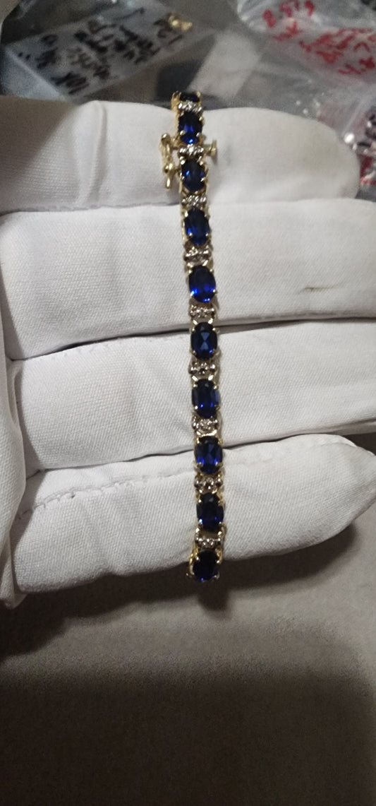 10K Gold Sapphire & Diamond Tennis Bracelet – 7.5” (8.87g)